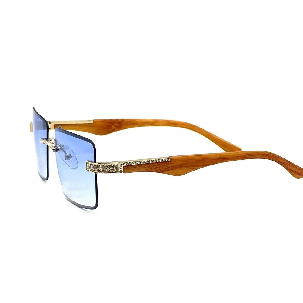 Sunglasses Men Shades Rectangular Gold Frame Hip Hop Style Retro Blue Lens Gafas